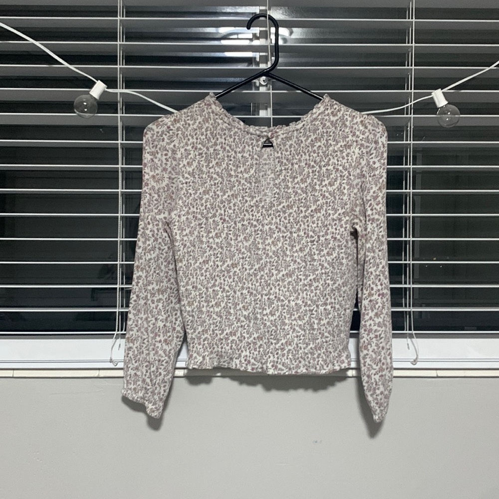 Floral crop top lettuce trim ribbed and smocked with keyhole in back